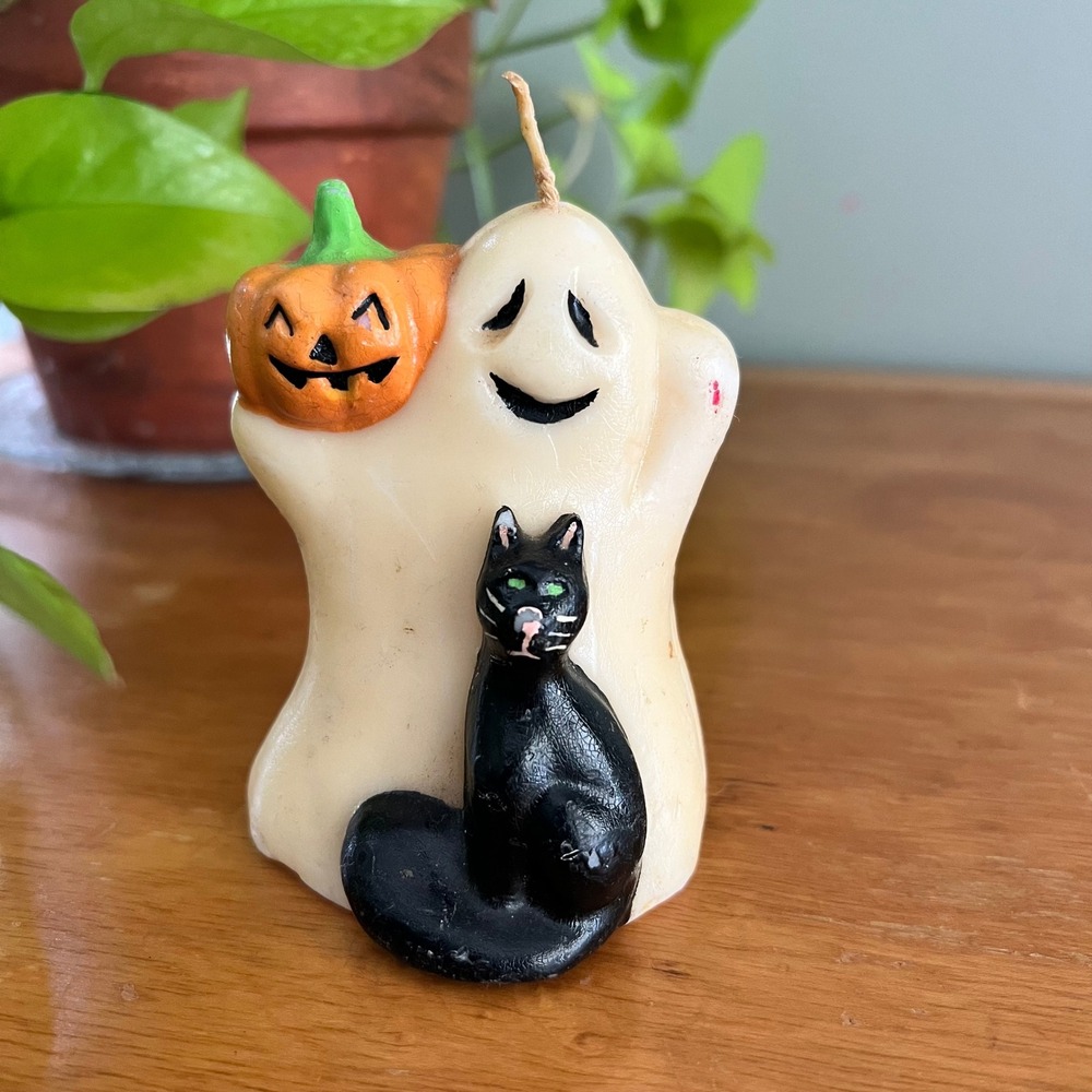 Vintage Halloween Ghost Black Cat Pumpkin Candle 4 Inch Retro Decor - Picture 1 of 6